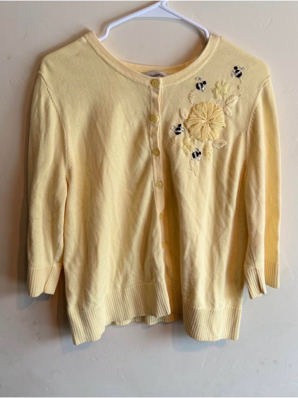 CJ Banks Pale Yellow Embroidered Floral Button-Front Cardigan